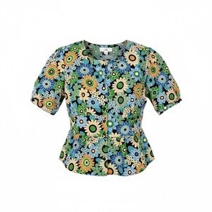 Vintage Inspired CAbi Floral V-Neck Button Down Peplum Blouse Size Medium